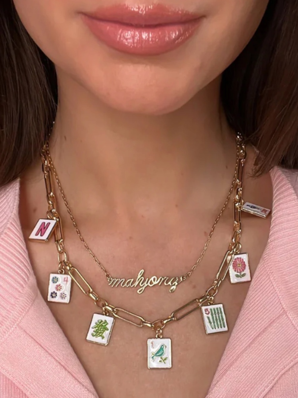 NWT Mah Jong Mahjong NECKLACE  Gold Statement Enamel tiles Bamboo Bird